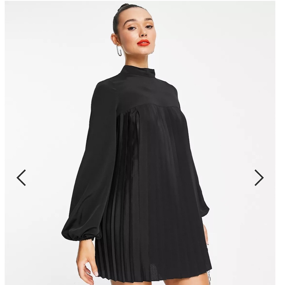 ASOS DESIGN high neck pleated trapeze mini dress in black